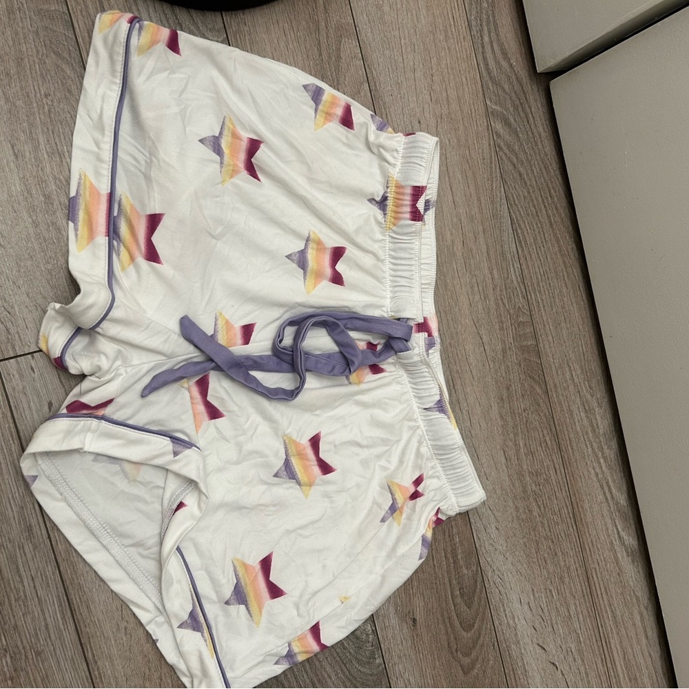 PJ Salvage White Star Print Lounge Pajama Short Lavender Trim Drawstring Medium